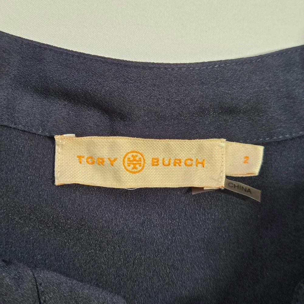 Tory Burch Navy Blue Ruffle Front Drop Waist Shirt Dress Size 2 Logo Buttons